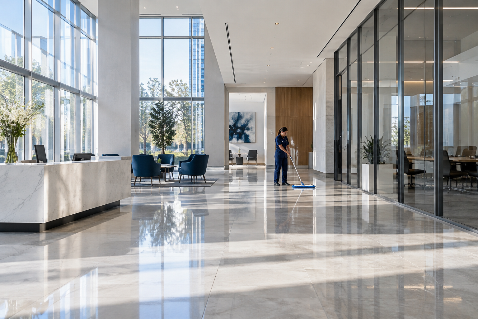 A cleaner mopping a bright commercial lobby